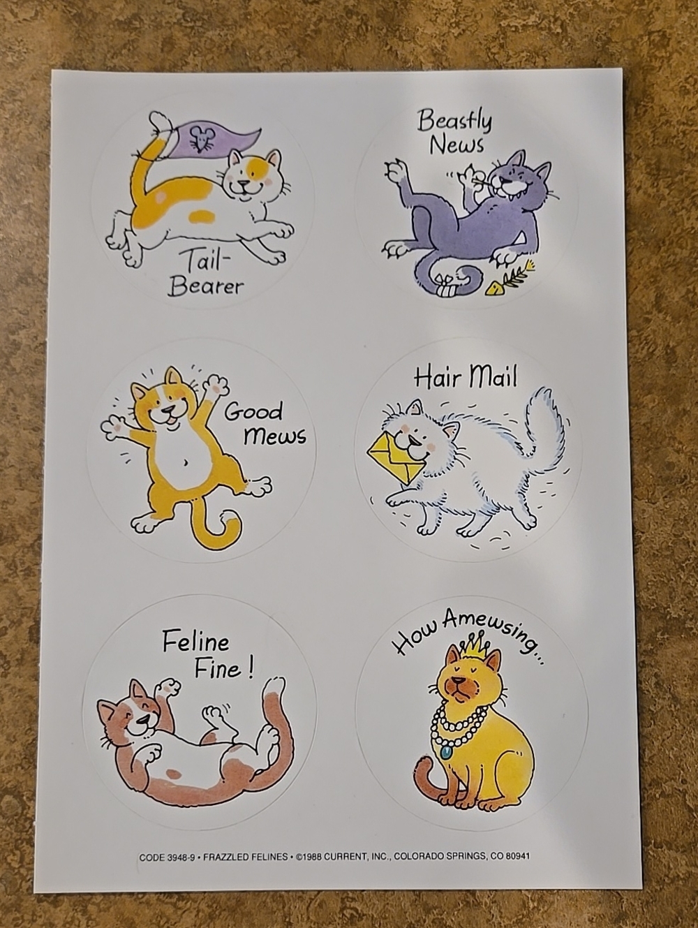 Vtg 80s Frazzled Felines 1 Sheet Cat Stickers Current 1988 Made in USA 6 Total